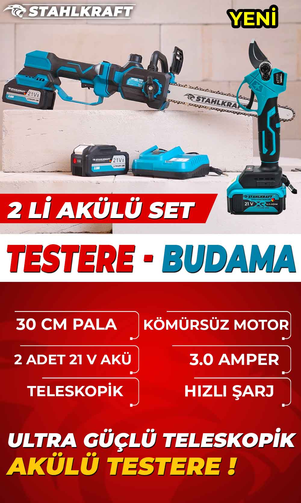 STAHLKRAFT STH 9988 Akülü Teleskobik Budama + Makas